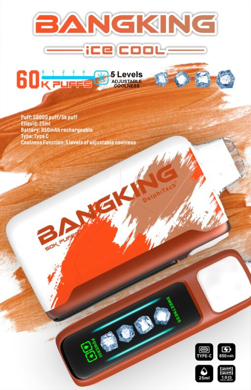 Bang King Ice Cool 60000口 |5 段可調冰感 × 超強續航一次性電子煙 Bang King Ice Cool 60000口 5段可調冰感 一次性電子煙 | 超長續航25ml煙油 | LED螢幕顯示 Type-C快充 | 台灣現貨供應中