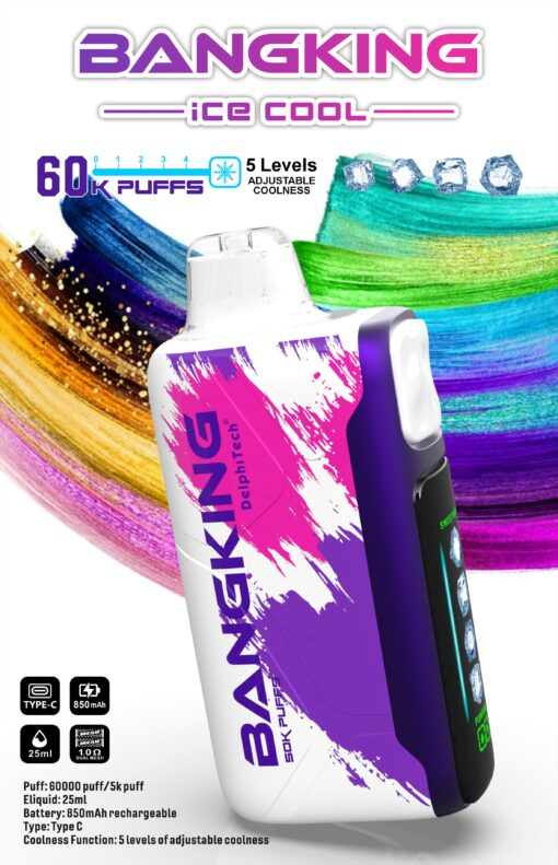 Bang King Ice Cool 60000口 |5 段可調冰感 × 超強續航一次性電子煙 Bang King Ice Cool 60000口 5段可調冰感 一次性電子煙 | 超長續航25ml煙油 | LED螢幕顯示 Type-C快充 | 台灣現貨供應中