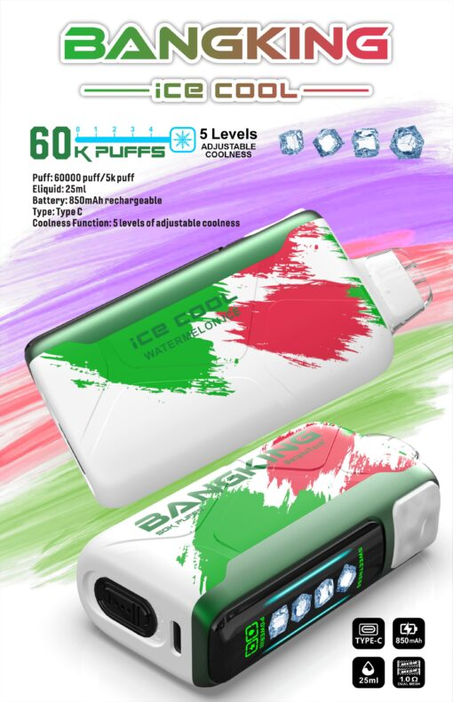 Bang King Ice Cool 60000口 |5 段可調冰感 × 超強續航一次性電子煙 Bang King Ice Cool 60000口 5段可調冰感 一次性電子煙 | 超長續航25ml煙油 | LED螢幕顯示 Type-C快充 | 台灣現貨供應中